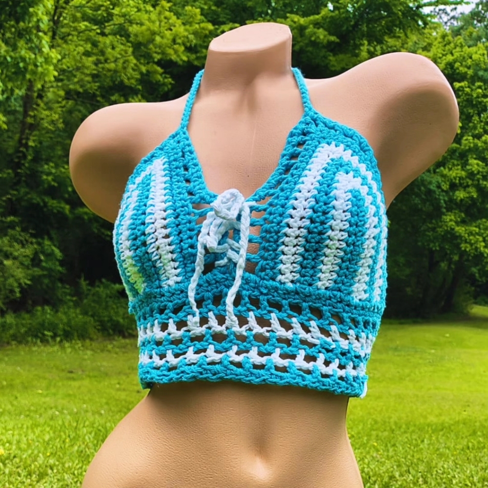 Blue and White Striped Crochet Halter